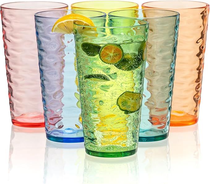20-ounce Plastic Tumblers, Acrylic Drinking Glasses High-Balls, set of 6 Multicolor Reusable Plastic Cups, Stackable, Free, Shatter-Proof, Dishwasher-Safe