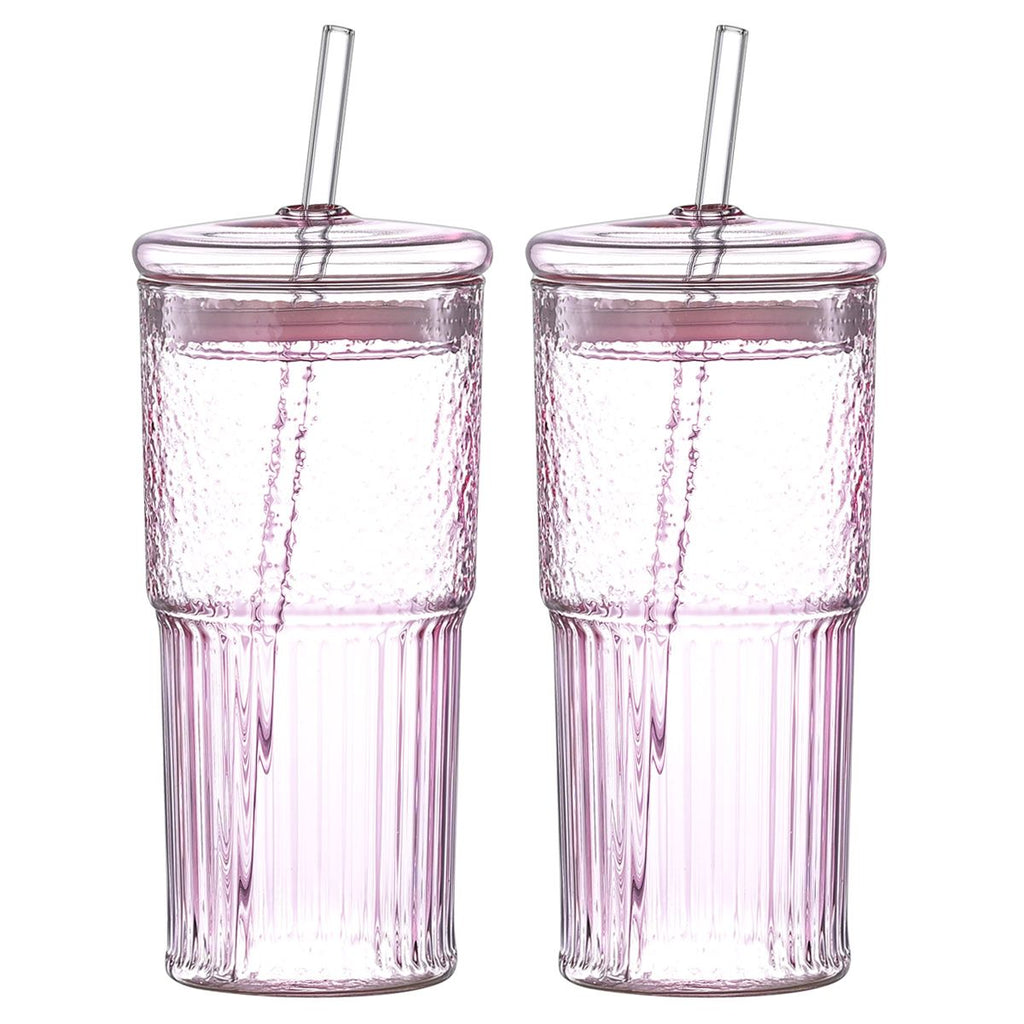 20 oz 2-pack pink glass straw cup with vertical pattern cup and lid, high borosilicate heat-resistant glass cup for juice, milk and cold drinks