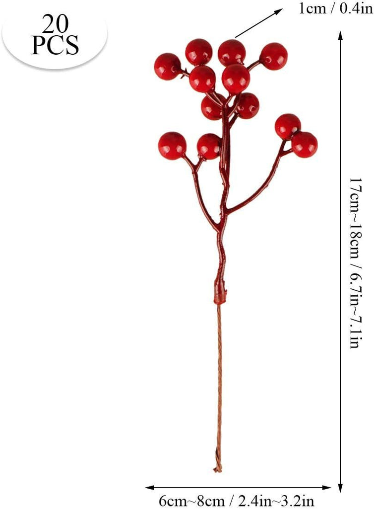 20 Pack 7 Inch Artificial Red Berry Picks for Christmas Tree Burgundy Red Berries Stems Holly Berry Branches Ornaments Wreath Crafts Wedding Holiday Season Winter Home Decor