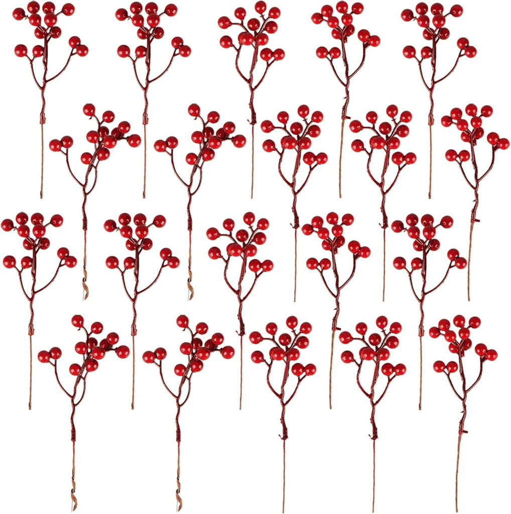 20 Pack 7 Inch Artificial Red Berry Picks for Christmas Tree Burgundy Red Berries Stems Holly Berry Branches Ornaments Wreath Crafts Wedding Holiday Season Winter Home Decor