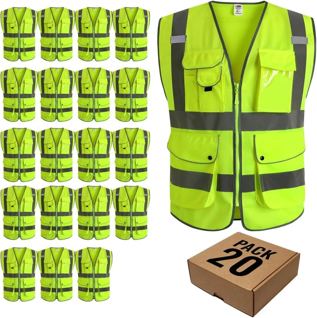 20 Pack 9 Pockets Class 2 High Visibility Zipper Front Safety Vest With Reflective Strips,Meets ANSI/ISEA Standard (Large, 156-Yellow)
