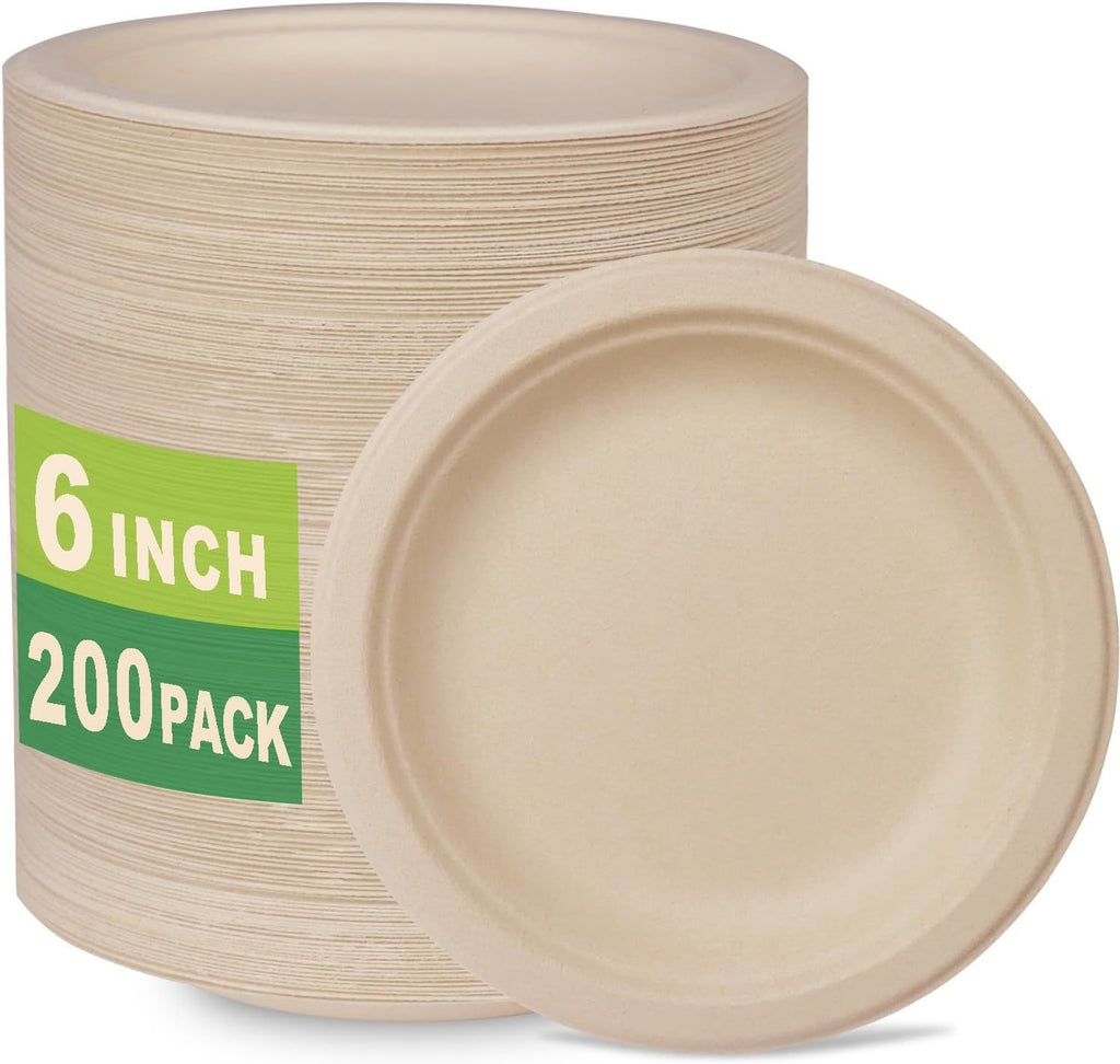 200 Count 6' Small Compostable Dessert Plates, Heavy-duty Unbleached Biodegradable Bagasse and Bamboo fiber Paper Plates …