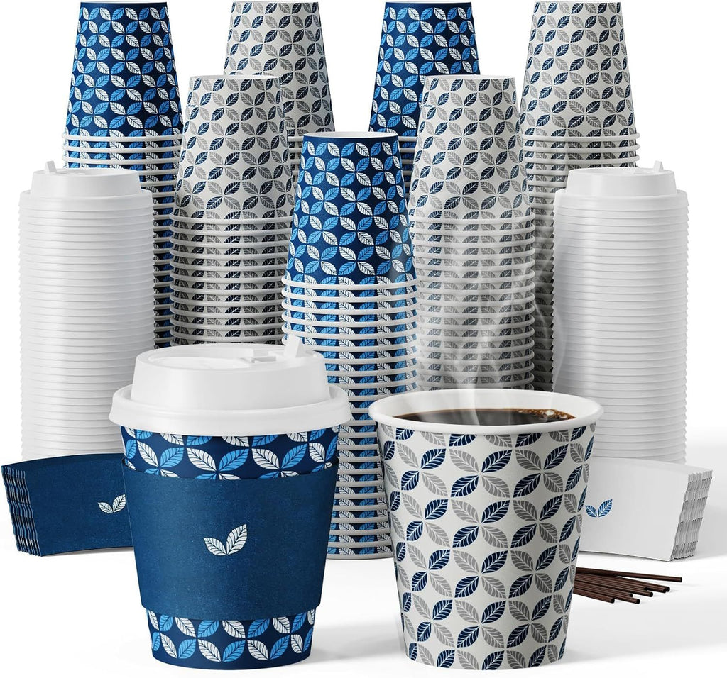 200 Pack 10 oz Disposable Coffee Cups, Hot Paper Coffee Cups with Lids, Sleeves and Stirrers for Home, Office, Cafe (Blue Leaf and Grey Leaf)