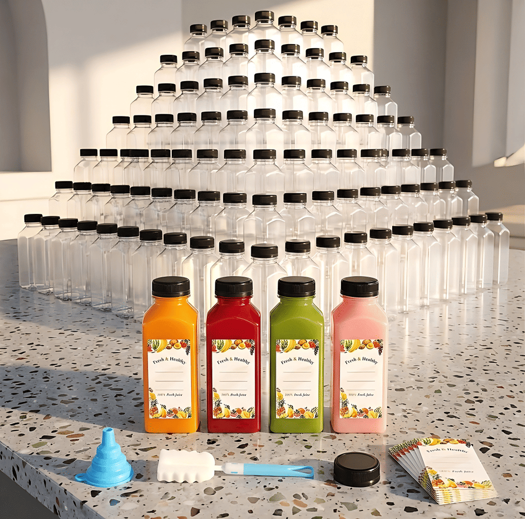 [200 Pack] 12 oz Clear Square Plastic Juice Bottles with Black Tamper Evident Caps, Funnel, Cleaning Brush and Paper Labels - Freeze-Safe Leakproof Drinkware Set