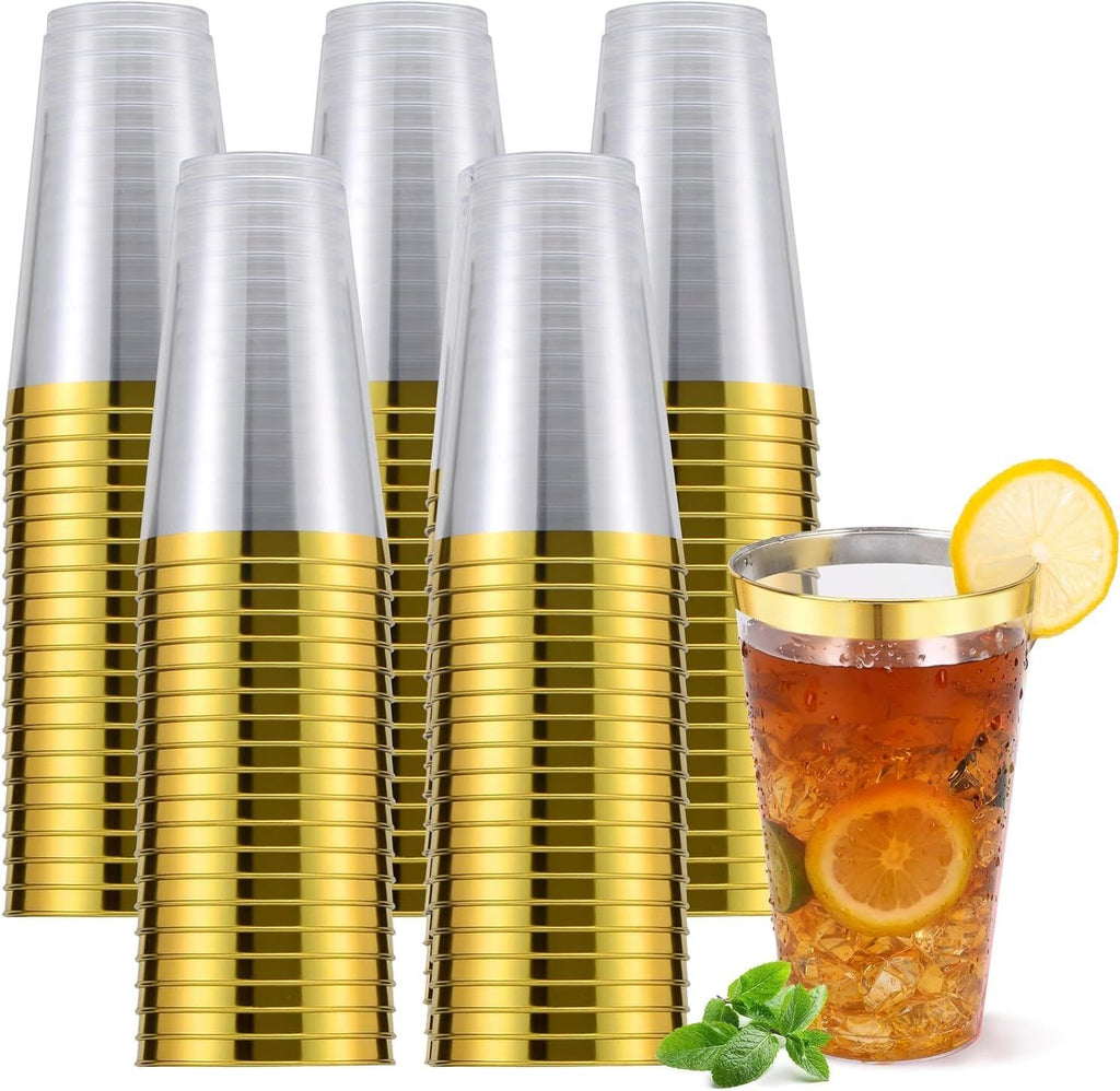 200 Pcs 16 oz Disposable Gold Rimmed Plastic Cups Heavy Duty Elegant Fancy Disposable Hard Plastic Cups With Gold Rim For Weddings Festivals and Elegant Parties