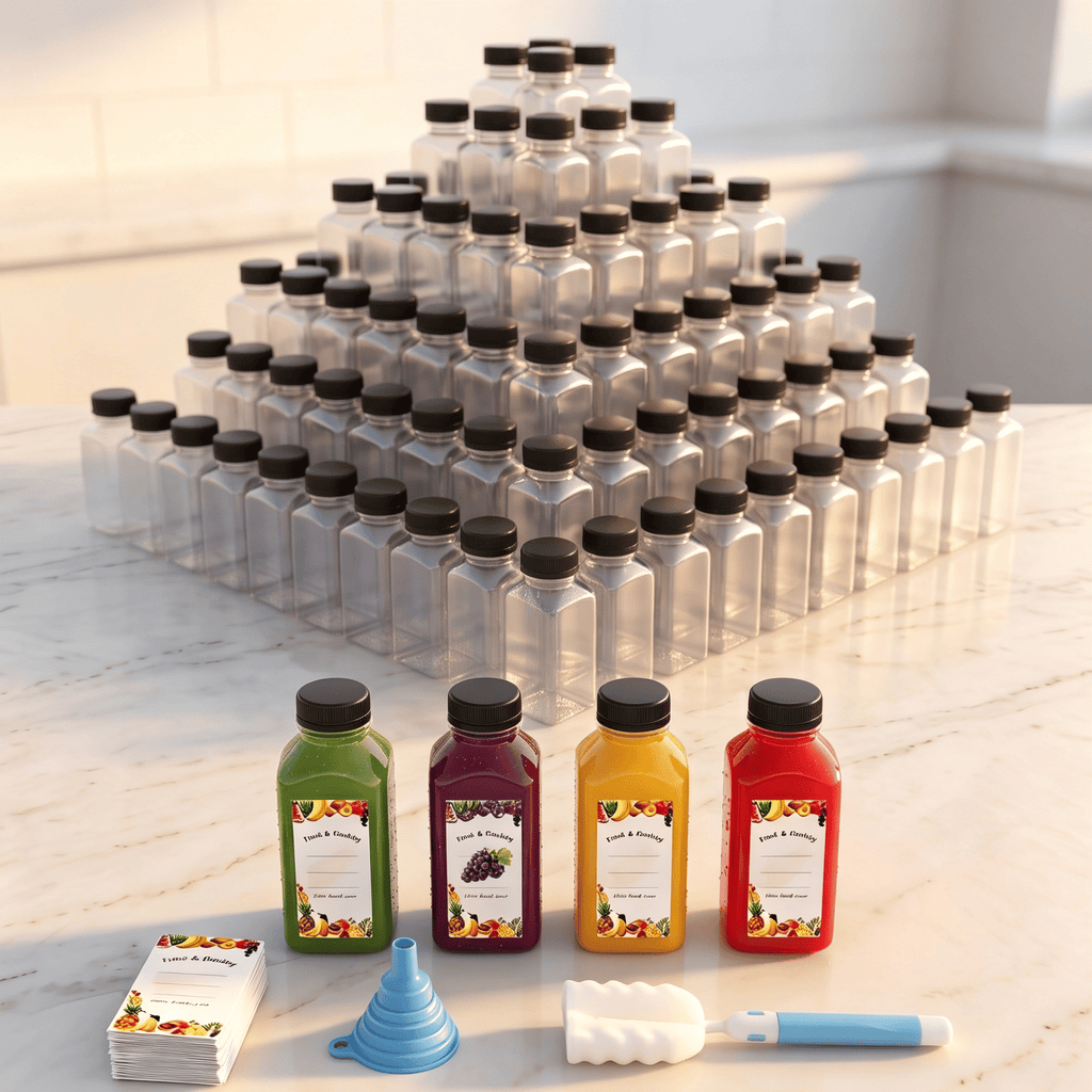 200 Pcs 8oz Square Plastic Juice Bottles with Black Lids, Clear Empty PET Beverage Containers with Funnel, Cleaning Brush, DIY Labels for Smoothies and Drinks