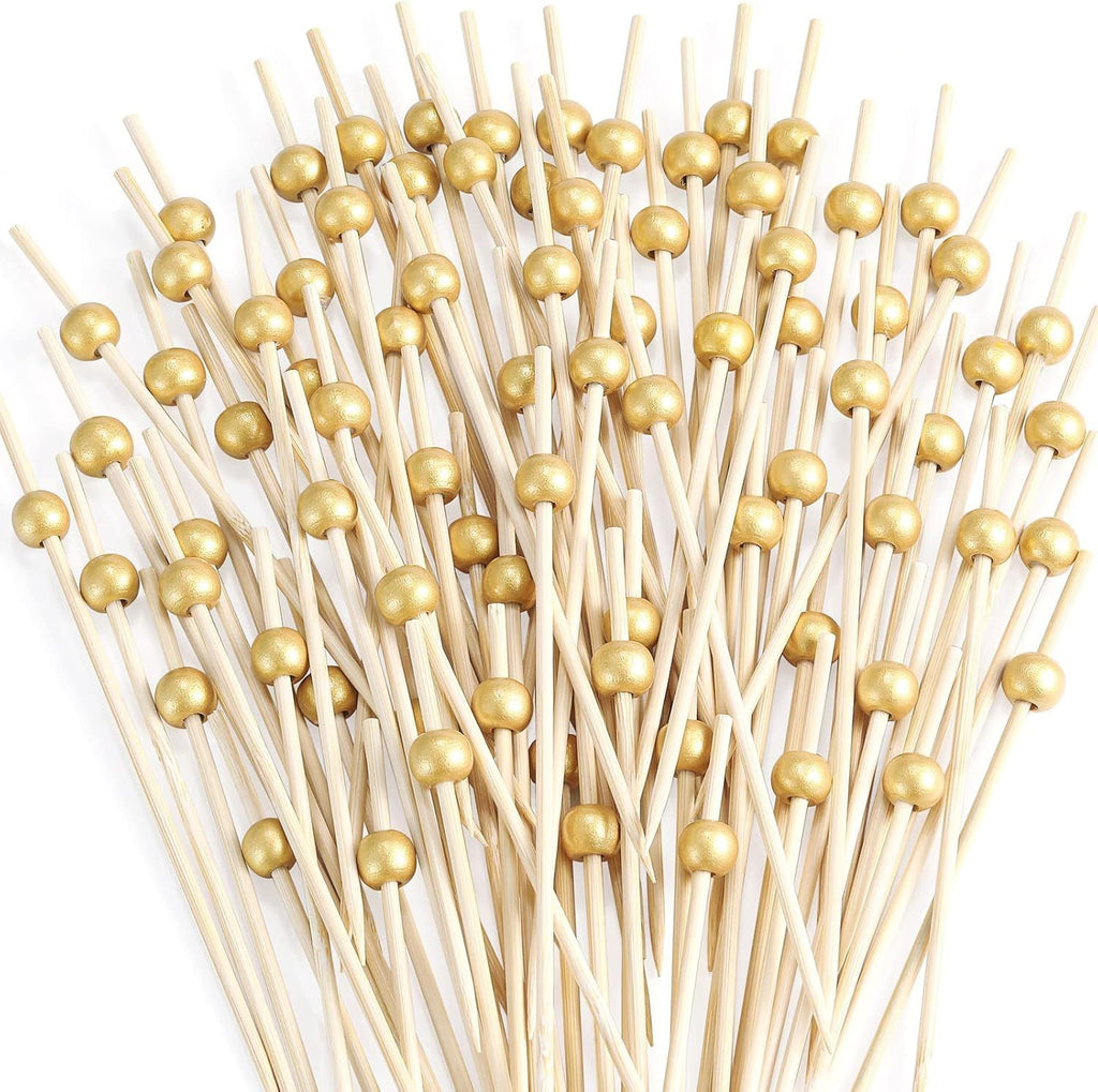 200 Pcs Cocktail Picks, 4.7 Inch Toothpicks for Appetizers, Bamboo Cocktail Sticks Skewers for Drinks, Desserts, Charcuterie, Wedding Party Fancy Toothpicks, Gold Pearl Food Picks Decorative