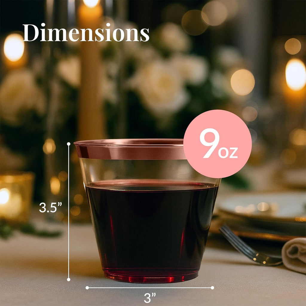 200 Rose Gold Plastic Cups, 9oz – Elegant Hard Disposable Tumblers for Wine, Cocktails & Beverages – Clear Plastic Cups with Rose Gold Rim – Bulk Party Drinkware for Weddings, Holidays & Event