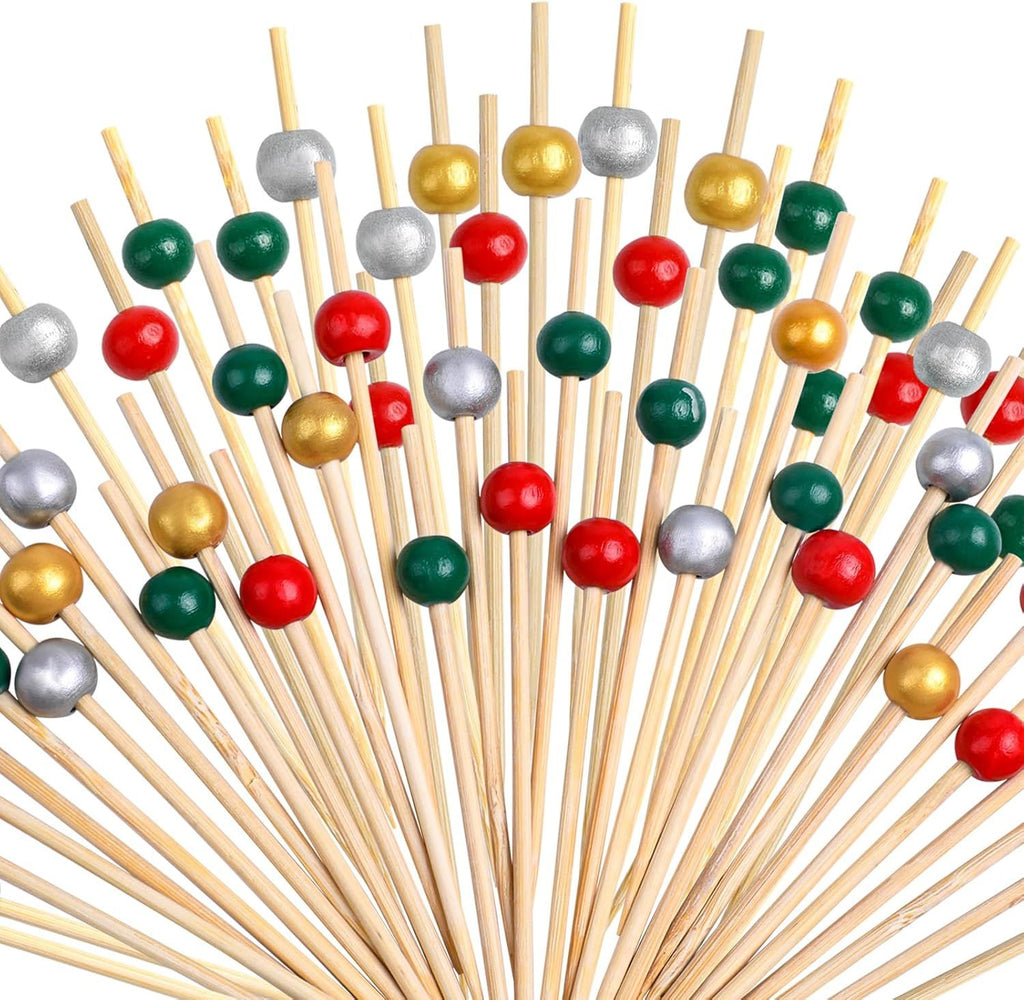 200pcs Christmas Cocktail Picks,Beads Bamboo Toothpicks for Appetizers Fruit Food Cake Christmas Party Decoration (Green,Red,Gold, Silver)