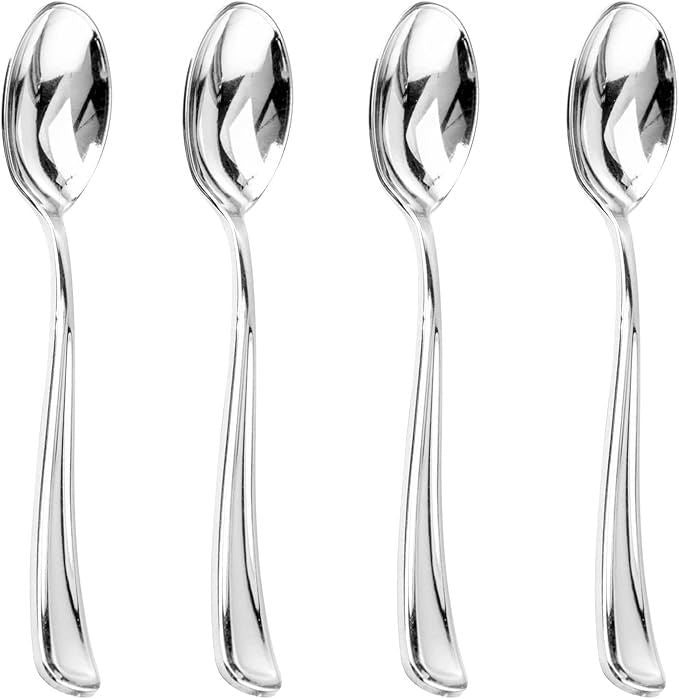 200PCS Silver Plastic Spoons - Heavy Duty Disposable Spoons - dessert Spoons for Wedding & Party & New Year & Valentine's Day