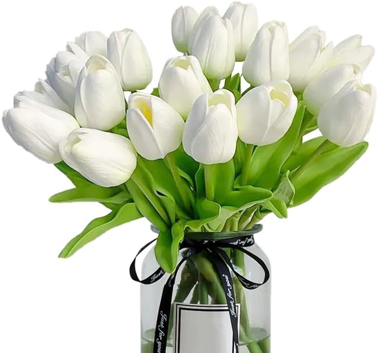 20pcs White tulips artificial flowers Faux Flowers Fake tulips Flowers Mother's Day Easter Valentine'S Day Gifts in Home Kitchen Wedding Dining Table Decorations