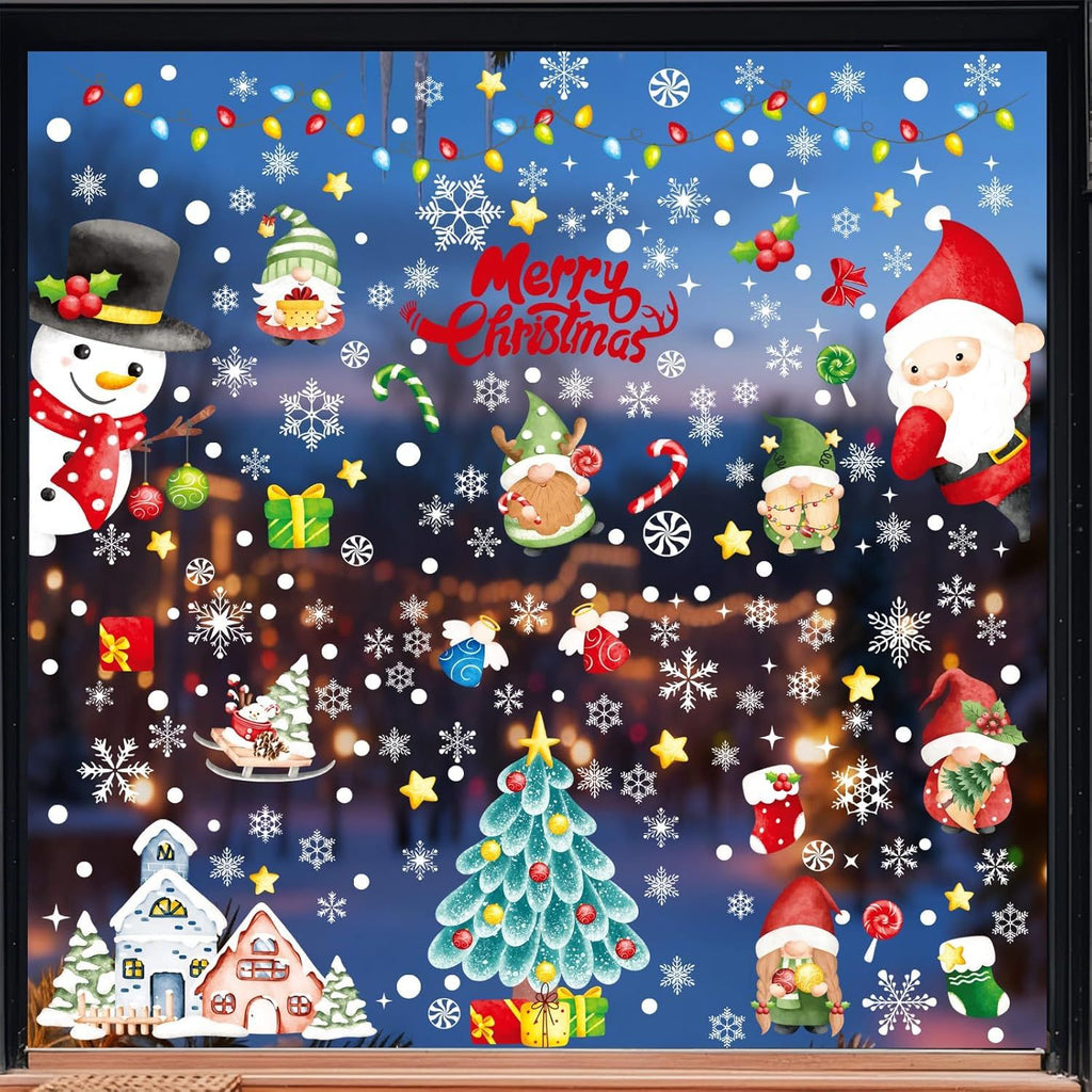 210PCS Christmas Window Clings Cute Christmas Window Stickers Santa Claus Snowman Glass Decorations for Xmas Party Supplies Indoor Outdoor Double Sided 9 Sheets