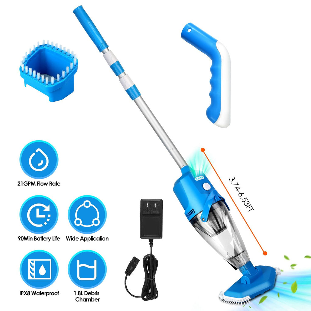 21GPM Cordless Pool Vacuum With Telescopic Pole Rechargeable Swimming Pool Cleaner with 1.8L Debris Chamber 90Mins Battery Life for In-ground Above-ground Pools Hot Tubs GPCT5334