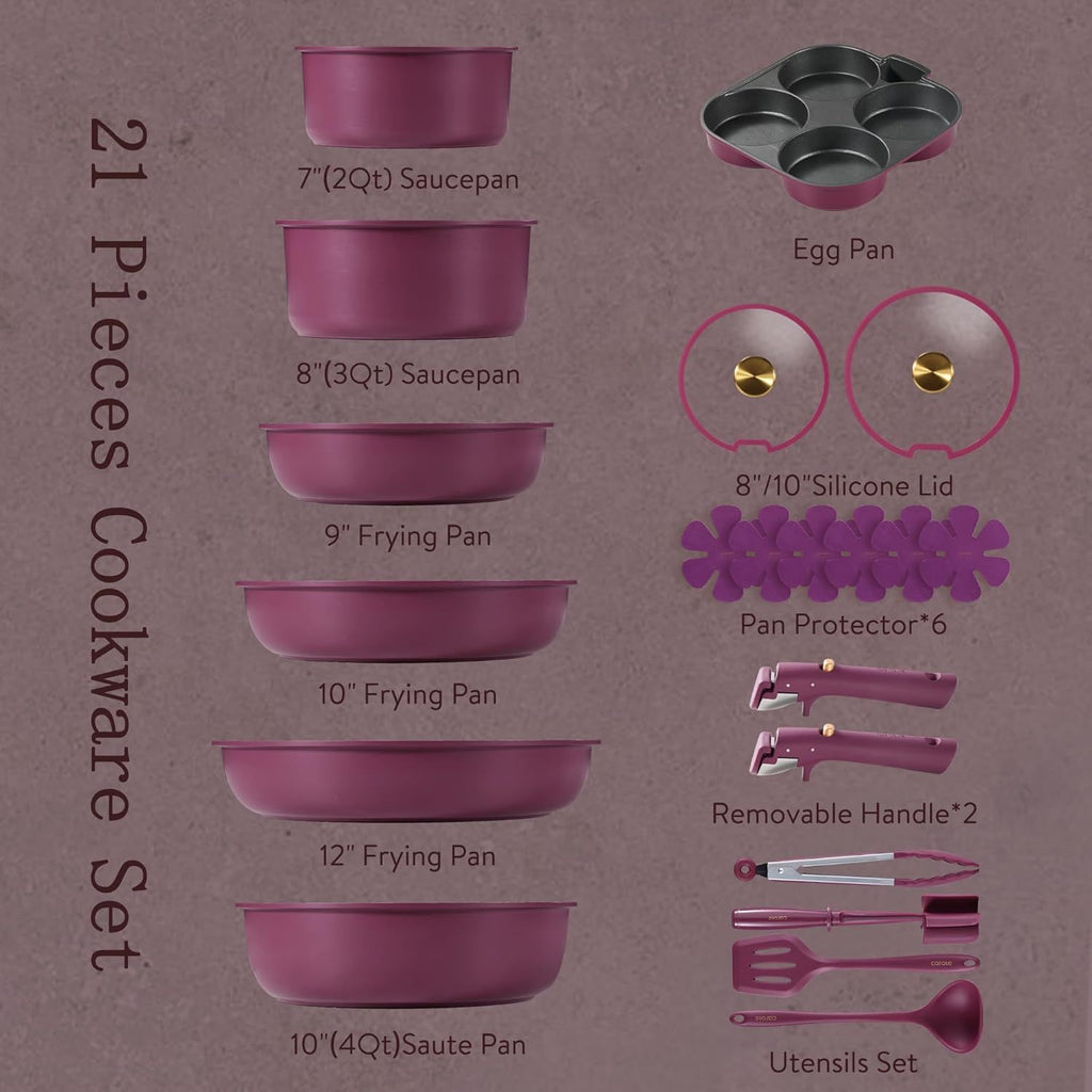 21pcs Pots and Pans Set, Nonstick Cookware Set Detachable Handle, Induction Kitchen Cookware Sets Non Stick with Removable Handle, RV Cookware Set, Gold and Purple