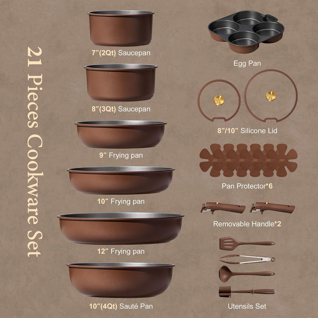 21pcs Pots and Pans Set, Nonstick Cookware Set Detachable Handle, Induction Kitchen Cookware Sets Non Stick with Removable Handle, RV Cookware Set, Oven Safe, Brown