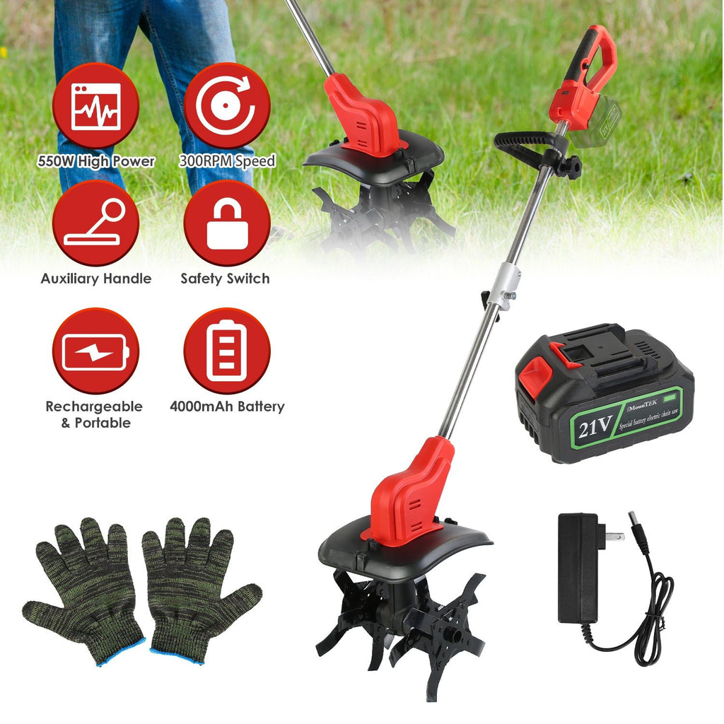 21V Electric Cordless Tiller Cultivator Powered Garden Tiller with 4 Blades 16 Steel Tines 550W 300RPM 4000mAh Battery Tilling 9-in Width & 9-in Depth for Lawn/Gardening/Soil Cultivation