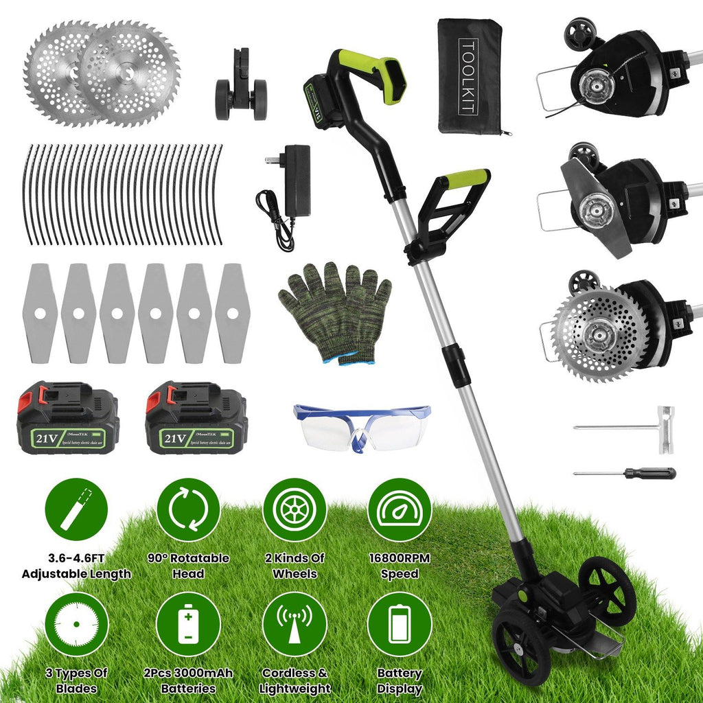 21V Electric Weed Edger Cordless String Trimmer Grass Mower Eater Bush Cutter with 16800RPM 2x 3000mAh Batteries 3.6-4.6FT Length 90° Rotatable Angle Saw Blade Steel Blade String Blade GPCT5290