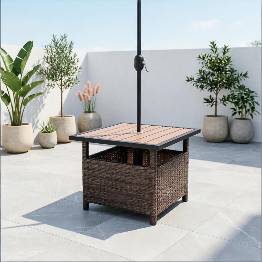 22" Brown & Light Yellow Outdoor Side Table with Umbrella Hole Rattan Wicker End Table with Sand Bag Steel Frame for Patio Garden Backyard