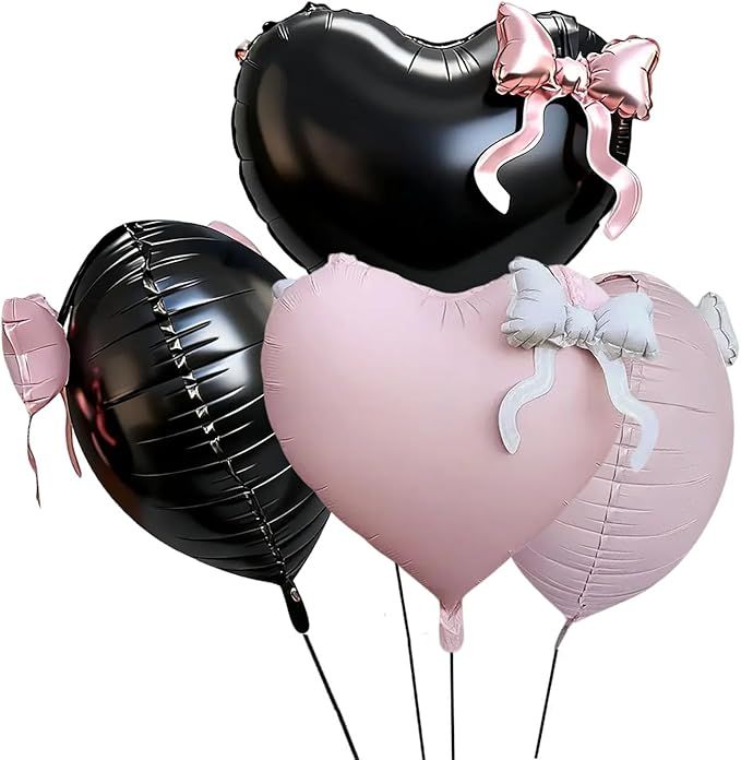 22 Inch Black Pink Heart Foil Balloons Bow Party Decorations Heart Shape Valentine Mylar Balloon Princess Girl for Anniversary Wedding Engagement Bridal Shower Birthday Party Decorations Light Pink