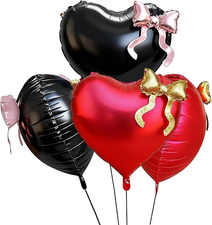 22 Inch Black Red Heart Foil Balloons Bow Party Decorations Heart Shape Valentine Mylar Balloon Princess Girl for Anniversary Wedding Engagement Bridal Shower Birthday Party Baby Shower Decorations