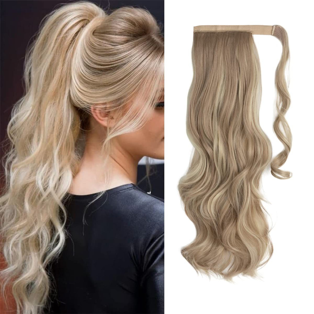 22" Long Ponytail Hair Extension Wrap Around Pony Tail Clip in Curly Wavy Synthetic Fake Hairpiece for Women Dirty Blonde