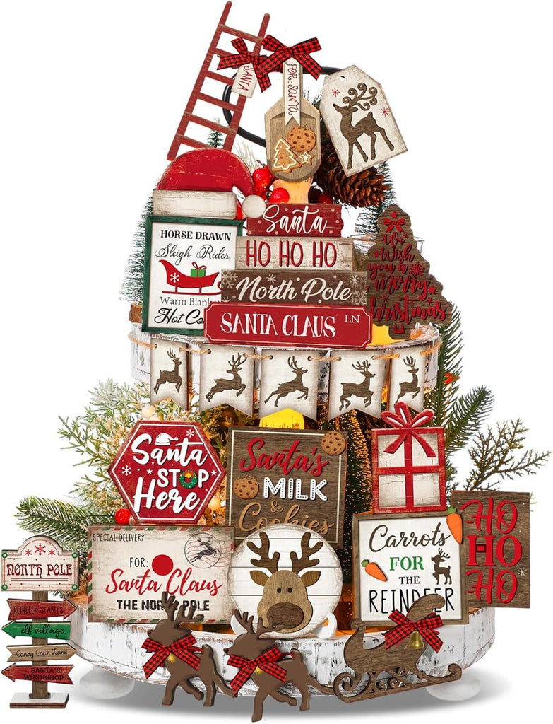 23 Pcs Christmas Tiered Tray Decor Snowman Farmhouse Decor Christmas Sign Winter Table Centerpieces Winter Wood Blocks Signs for Home Shelf, Without Tray(Red,Elk)