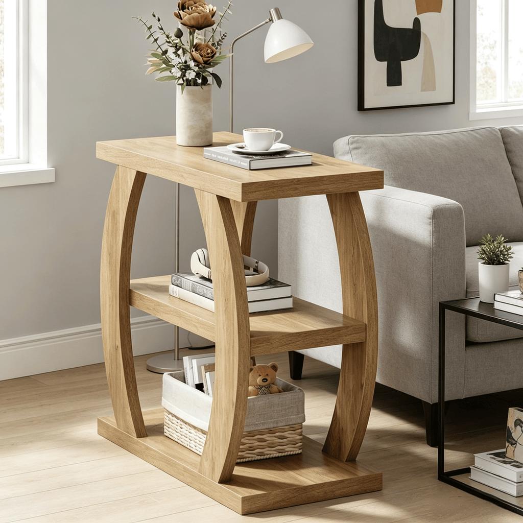 23.6" Farmhouse End Table with Geometric Frame 3-Tier Side Table for Living Room Bedroom Rustic Industrial Style