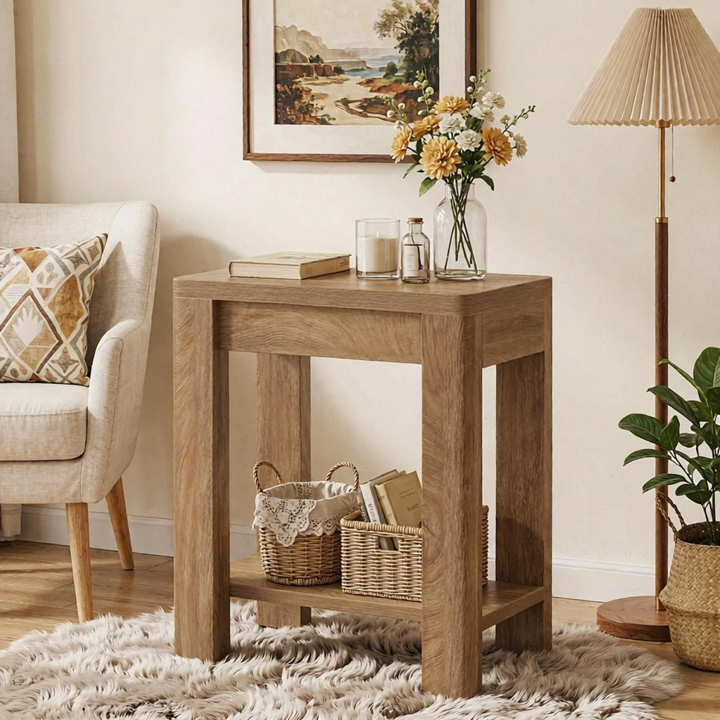 23.6" Farmhouse Wooden End Table with Storage Shelf Side Table for Living Room Bedroom