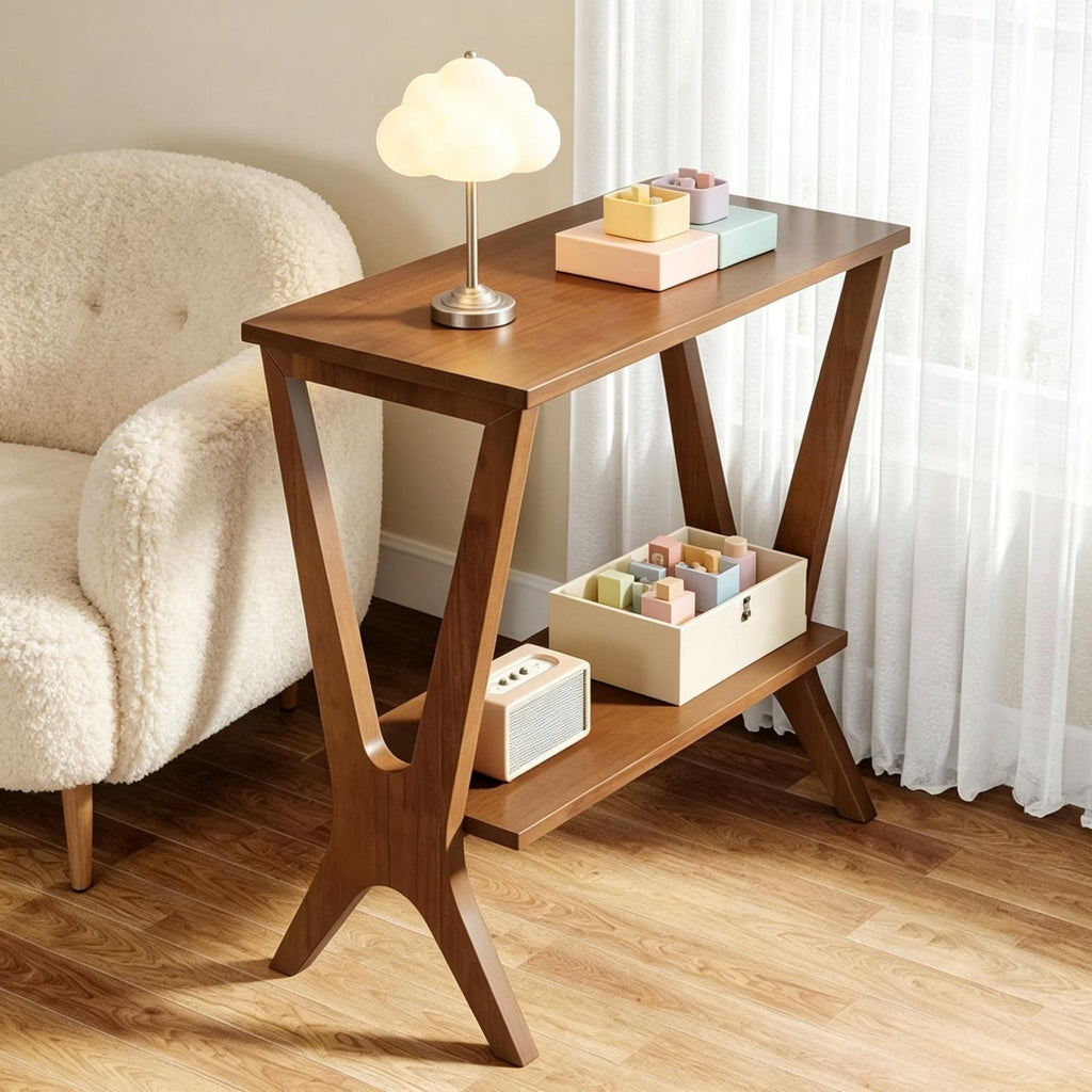 23.6 Inch Solid Wood End Table with 2-Tier Storage Shelves Sofa Side Table for Living Room Bedroom