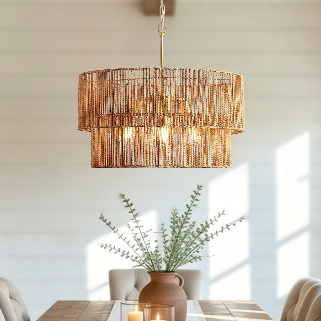 23.62 in. Handwoven Woven Paper Rattan Chandelier, 2-Tier Boho Wabi-Sabi Pendant Light, Gold Metal Hanging Ceiling Lamp, Wicker Lighting Fixture for Dining Room Kitchen Island Living Room