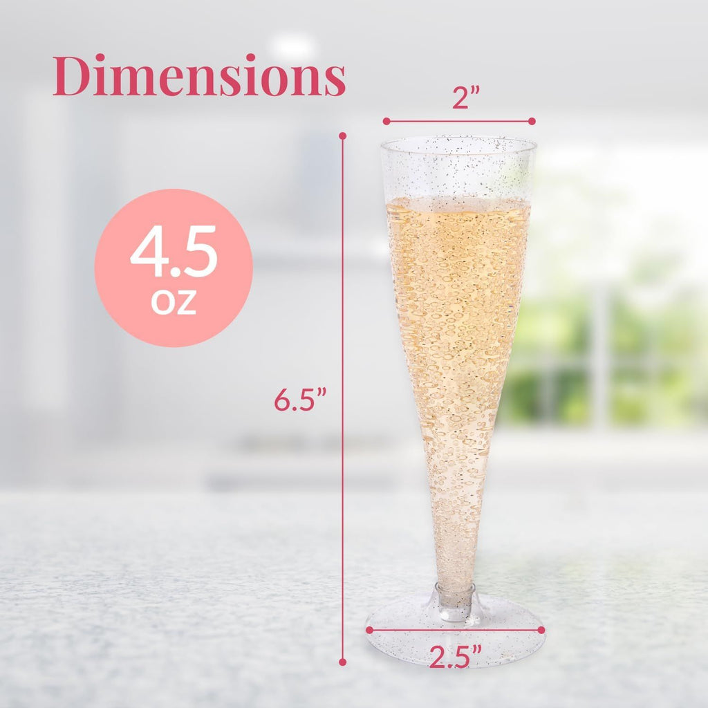24 Champagne Flutes Plastic - Disposable Flute - Silver Glitter Plastic Glasses for Parties