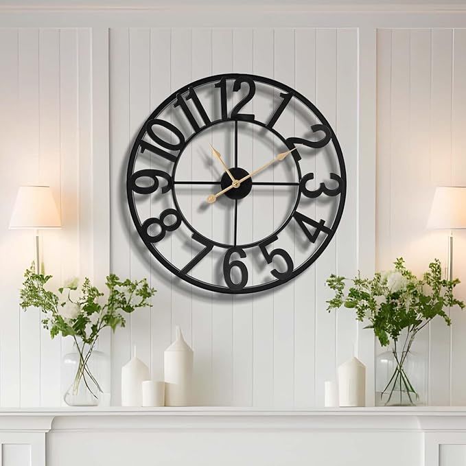 24 Inch Large Wall Clock, Arabic Numeral Metal Oversized Wall Clocks for Living Room Decor, Bedroom and Kitchen, Completely Silent, Non Ticking, Battery Operated