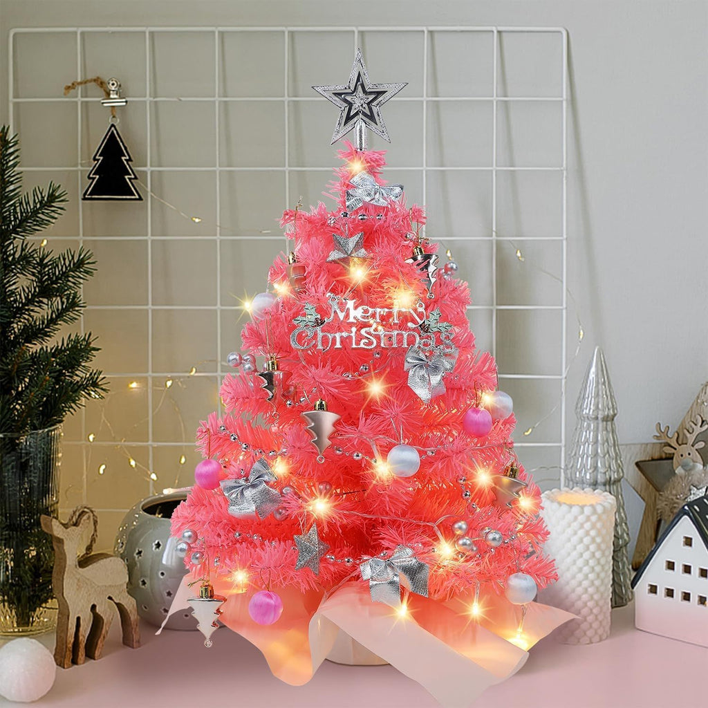 24 Inch Mini Christmas Tree Set, Table Top Artificial Christmas Trees with 50 LED Lights, Ornaments and Red Berries, Best DIY Christmas Decorations