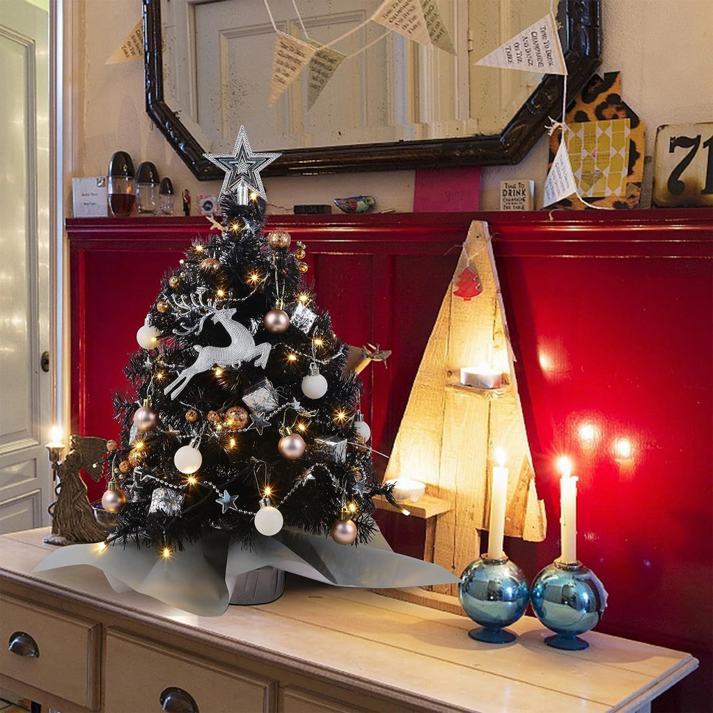 24 Inch Mini Christmas Tree Set, Table Top Artificial Christmas Trees with 50 LED Lights, Ornaments and Red Berries, Best DIY Christmas Decorations