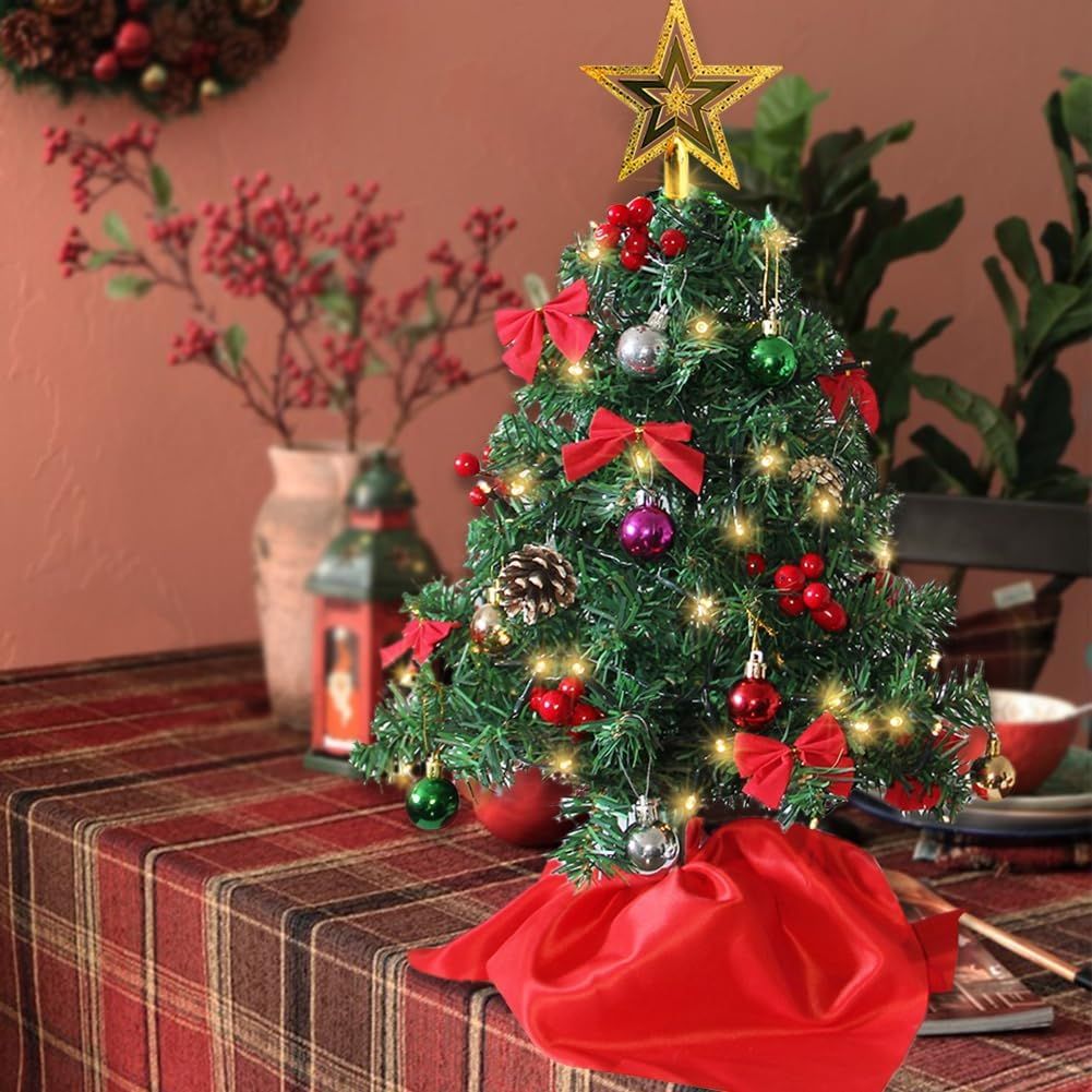24 Inch Mini Christmas Tree Set, Table Top Artificial Christmas Trees with 50 LED Lights, Ornaments and Red Berries, Best DIY Christmas Decorations
