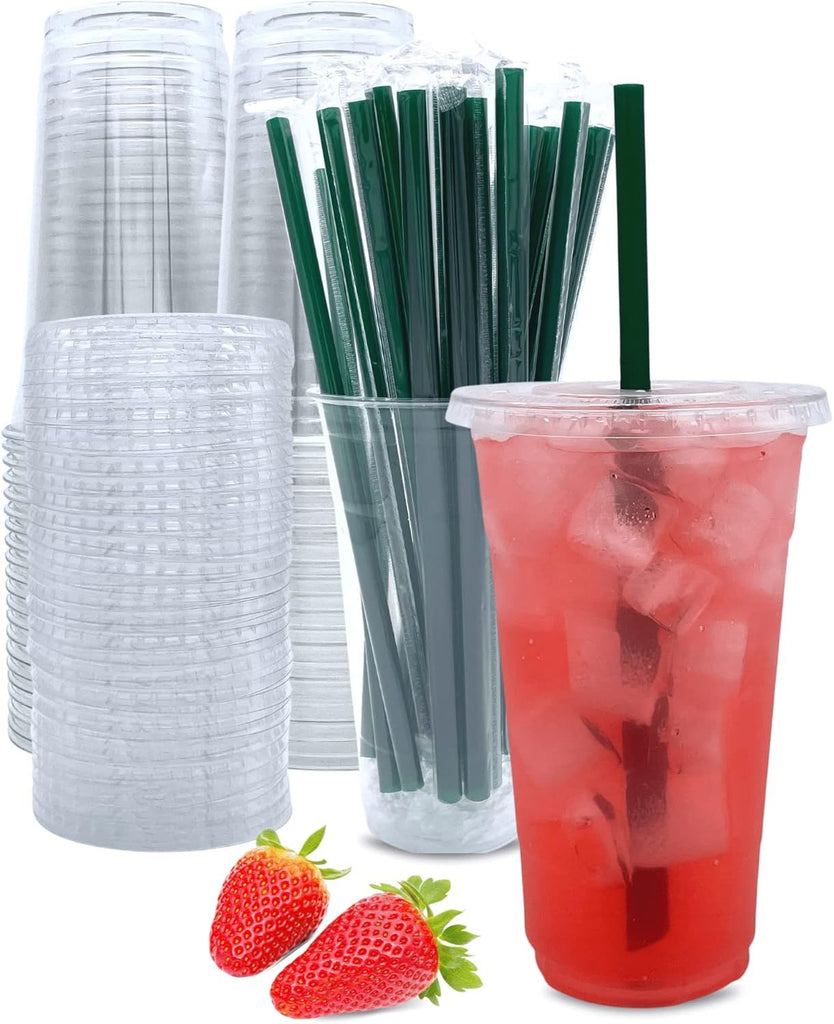 24 oz Clear Plastic Cups with Lids and Straws, Disposable Coffee Cups 25 Sets