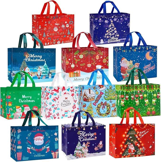 24 Pack Christmas Gift Bags Large Reusable Tote Bags, Non-Wove Bags for New Year's Shopping, Christmas Surprise, Xmas Party Supplies,12.8"×9.8"×6.7"