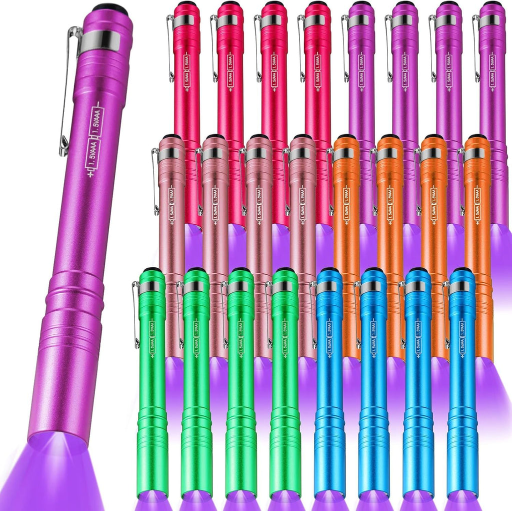 24 Pack Christmas Men Gifts UV Blacklight Flashlights Bulk, 395nm UV Pen Light with Clip, LED Handheld Blacklight Detector for Leak Pet Urine Hotel Inspection Neon Party Favors (Multicolor)24 Pack Chr