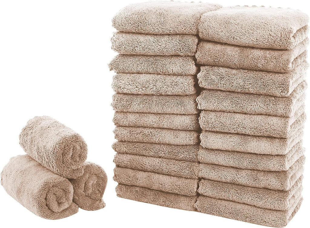 24 Pack Kitchen Dishcloths - Does Not Shed Fluff - Reusable Dish Towels, Dish Cloths, Super Absorbent Coral Fleece Cleaning Cloths, Nonstick Oil Washable Fast Drying, 10 x 20 Inch (Brown)