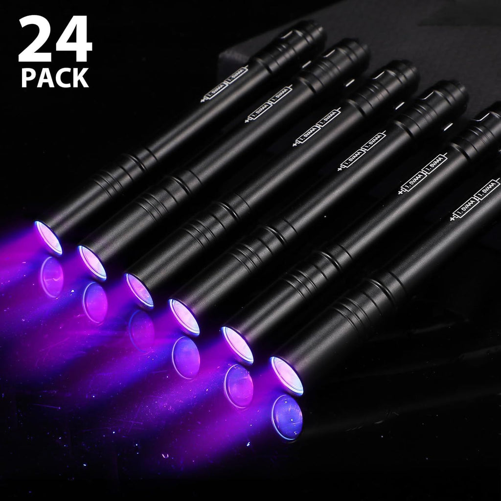 24 Pack UV Blacklight Flashlights Bulk, 395nm UV Pen Light with Clip, LED Handheld Blacklight Detector for Pet Urine Dry Stain Hotel Inspection Gifts for Men Dad Neon Party Favors (Black)
