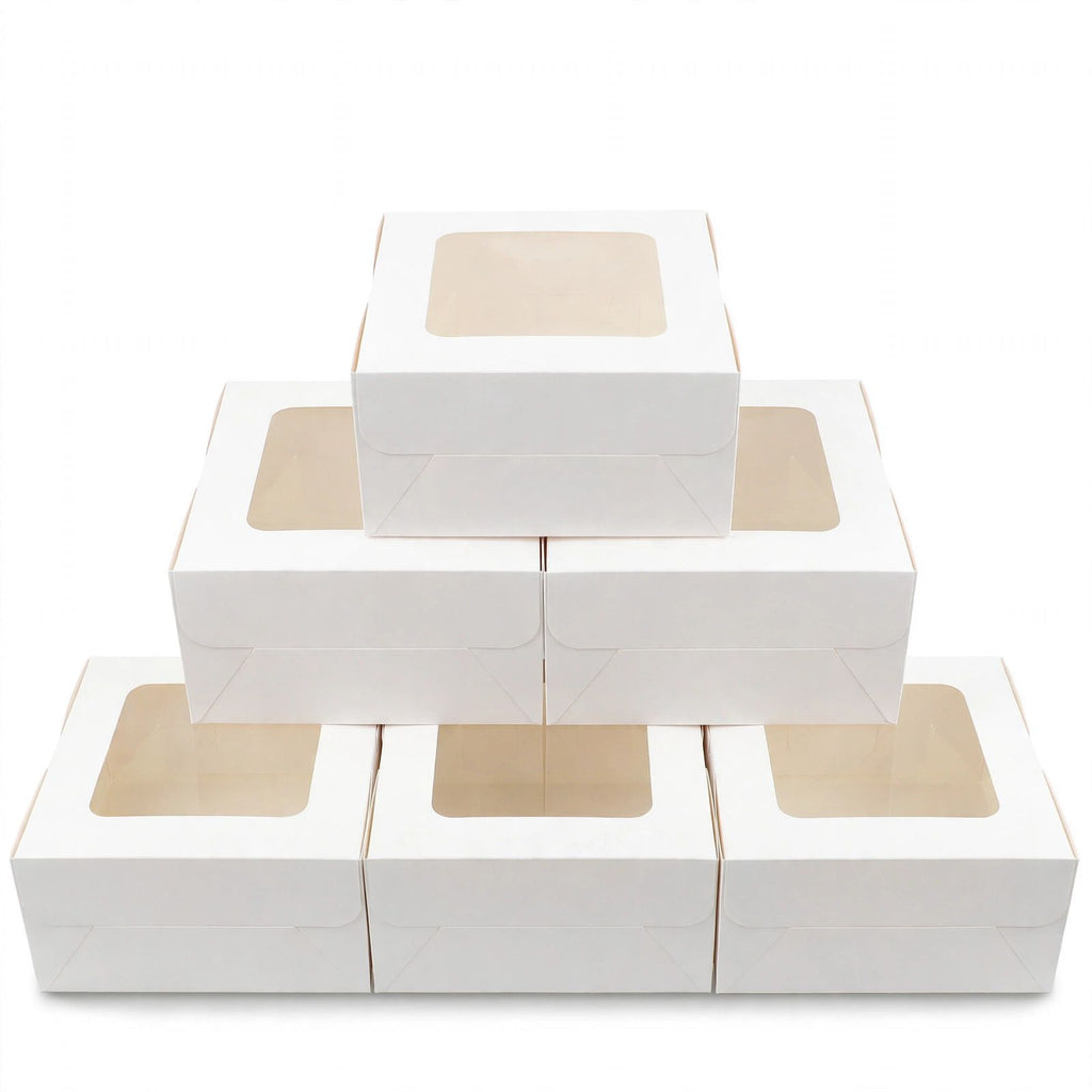 24 Pack White Cake Boxes with Window, 10 x 10 x 5 Inch Eco-Friendly Food Grade Bakery Boxes for Cakes, Pies, Donuts and Cookies, with Handmade Stickers