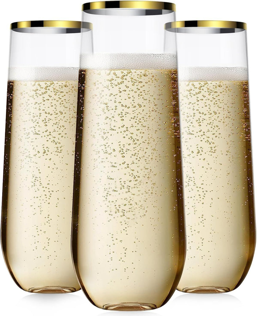 24 Pcak Champagne Flutes Plastic, 9 Oz Disposable Stemless Mimosa Gold Rim Toasting Glasses, Clear Crystal Plastic Cocktail Cups for Party Wedding Birthday