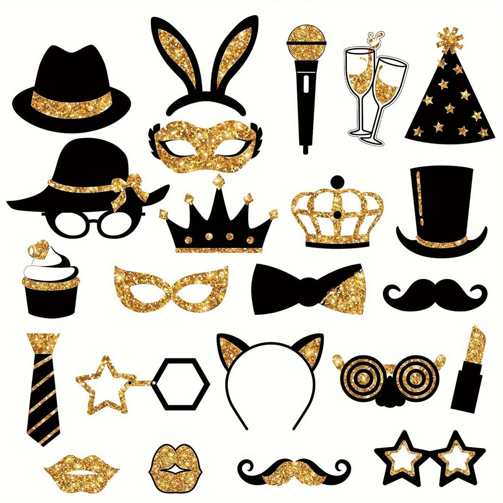 24 Pcs Party Photo Booth Props Party Picture Pose Supplies Gold and Black Kit for Birthday Weddings Graduation Prom New Year Party