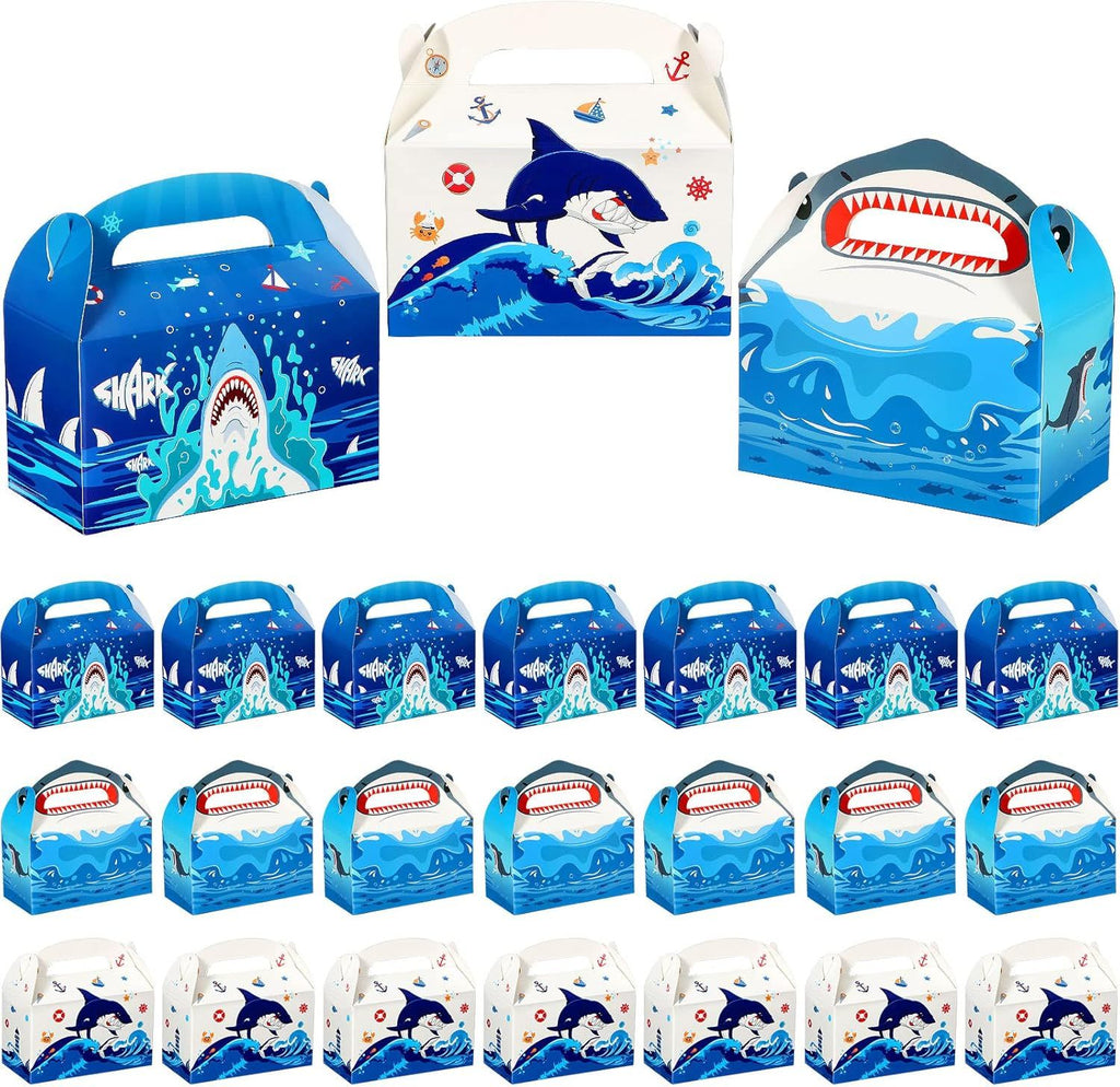24 Pcs Shark Party Favors Box 4.8x2.4x5.1 Inch Small Gable Box Shark Goodie Bag for Gift Candy Ocean Sea Themed Bag for Boys Kid Baby Shower Birthday Beach Pool Party Supply Decor