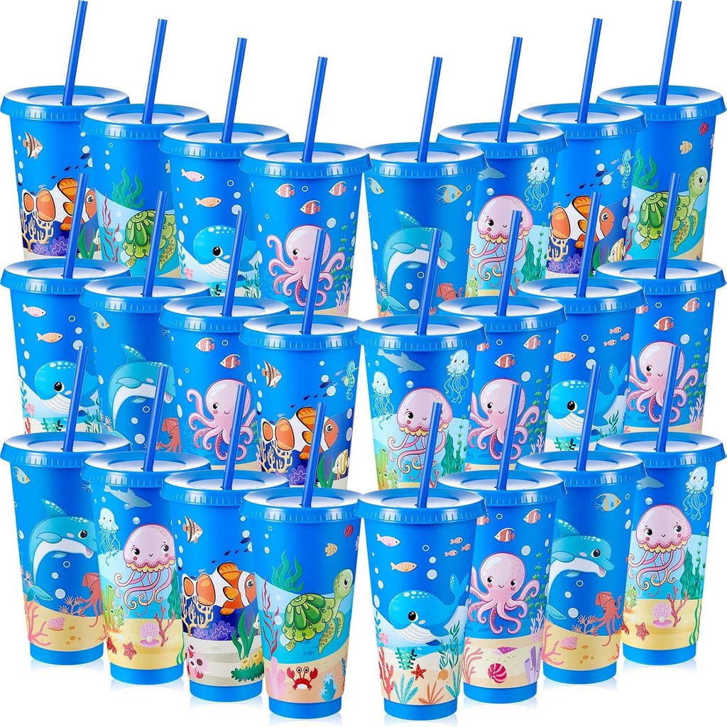 24 Pcs Under The Sea Party Cups 24 oz Reusable Plastic Tumblers with Lids and Straws Themed Drinking Cups for Birthday Decorations Ocean Sea Party Favors Supplies Gifts