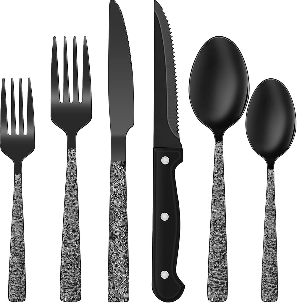 24-Piece Black Silverware Set with Steak Knives, Black Flatware Set for 4, Food-Grade Stainless Steel Tableware Cutlery Set, Mirror Finished Utensil Sets for Home Restaurant, Hammered Edge