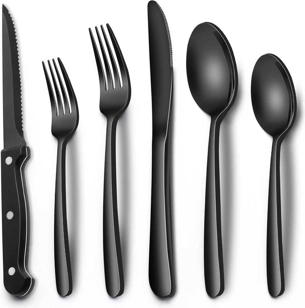 24-Piece Black Silverware Set with Steak Knives, Black Flatware Set for 4, Food-Grade Stainless Steel Tableware Cutlery Set, Mirror Finished Utensil Sets for Home Restaurant, Heavy Duty
