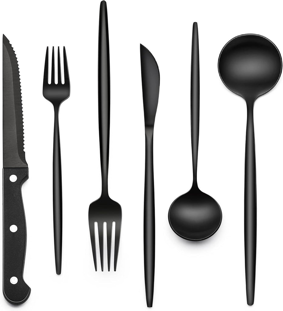 24-Piece Black Silverware Set with Steak Knives, Black Flatware Set for 4, Food-Grade Stainless Steel Tableware Cutlery Set, Mirror Finished Utensil Sets for Home Restaurant, Long Edge