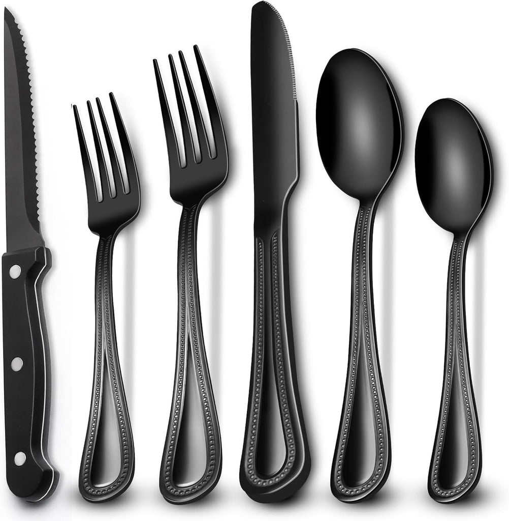 24-Piece Black Silverware Set with Steak Knives, Black Flatware Set for 4, Food-Grade Stainless Steel Tableware Cutlery Set, Mirror Finished Utensil Sets for Home Restaurant, Pearled Edge
