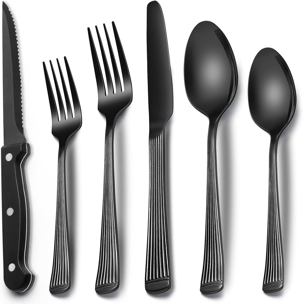 24-Piece Black Silverware Set with Steak Knives, Black Flatware Set for 4, Food-Grade Stainless Steel Tableware Cutlery Set, Mirror Finished Utensil Sets for Home Restaurant, Roman Column